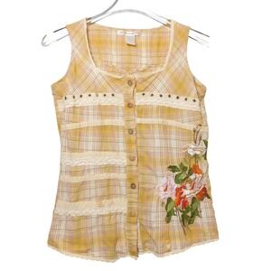 Vintage Runway 101 Yellow Plaid Sleeveless Embroidered Lace Boho Button Top M